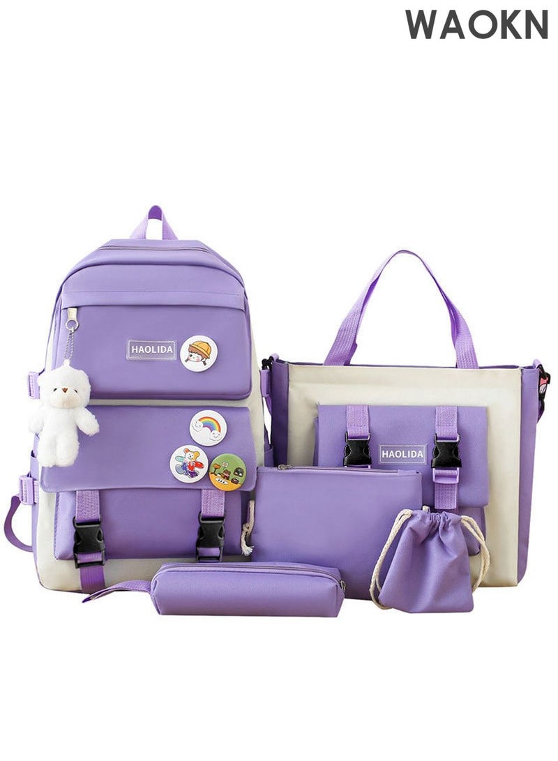 دبليو أيه أو كي أن حقيبة ظهر مدرسية متينة مقاومة للماء، طقم من 4 قطع للبنات/الأولاد: حقيبة كتف بمقبض، حقيبة كتف، وحقيبة أقلام. طقم حقائب ظهر مدرسية 4 في 3 مقاوم للماء. - Image 1