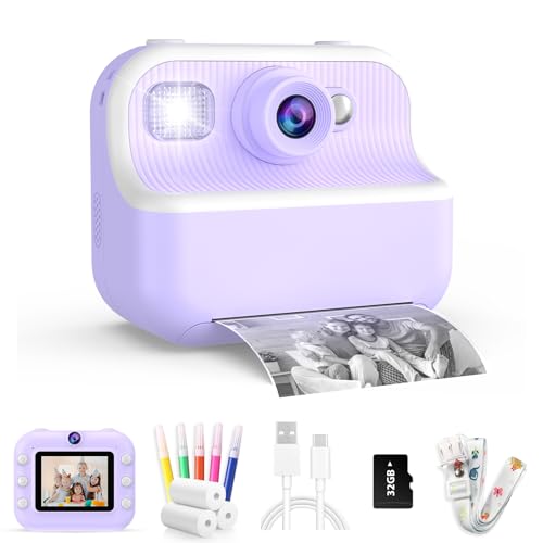 TOZDTO Kids Camera Instant Print, Christmas Birthday Gifts Toys for Girls & Boys Ages 3-12, Digital Selfie Portable Camera with 1080P HD Dual Lens, 3 Rolls Print Paper & 32GB Card (Purple) - Image 1