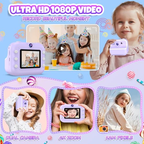 TOZDTO Kids Camera Instant Print, Christmas Birthday Gifts Toys for Girls & Boys Ages 3-12, Digital Selfie Portable Camera with 1080P HD Dual Lens, 3 Rolls Print Paper & 32GB Card (Purple) - Image 3