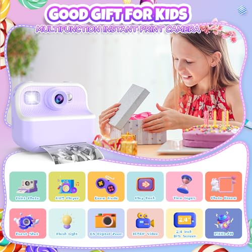 TOZDTO Kids Camera Instant Print, Christmas Birthday Gifts Toys for Girls & Boys Ages 3-12, Digital Selfie Portable Camera with 1080P HD Dual Lens, 3 Rolls Print Paper & 32GB Card (Purple) - Image 2
