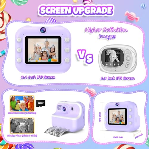 TOZDTO Kids Camera Instant Print, Christmas Birthday Gifts Toys for Girls & Boys Ages 3-12, Digital Selfie Portable Camera with 1080P HD Dual Lens, 3 Rolls Print Paper & 32GB Card (Purple) - Image 5