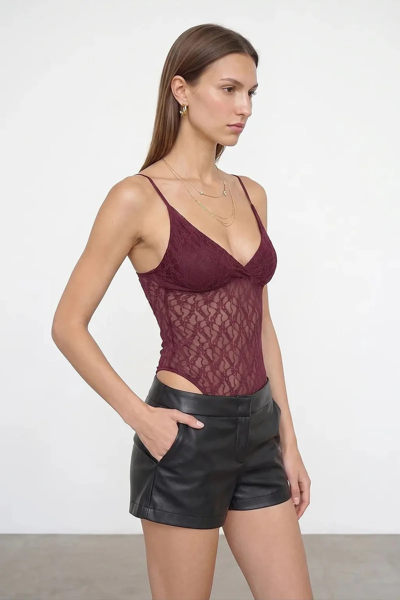 Dilvin Burgundy Red DILVIN Lace Sleeveless Bodysuit Blouse for Women | Best Price UAE
