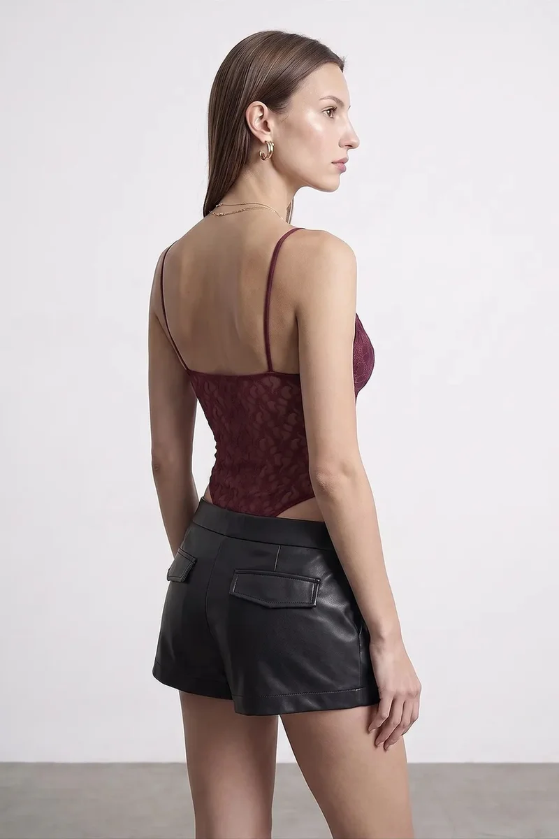 Dilvin Burgundy Red DILVIN Lace Sleeveless Bodysuit Blouse for Women | Best Price UAE