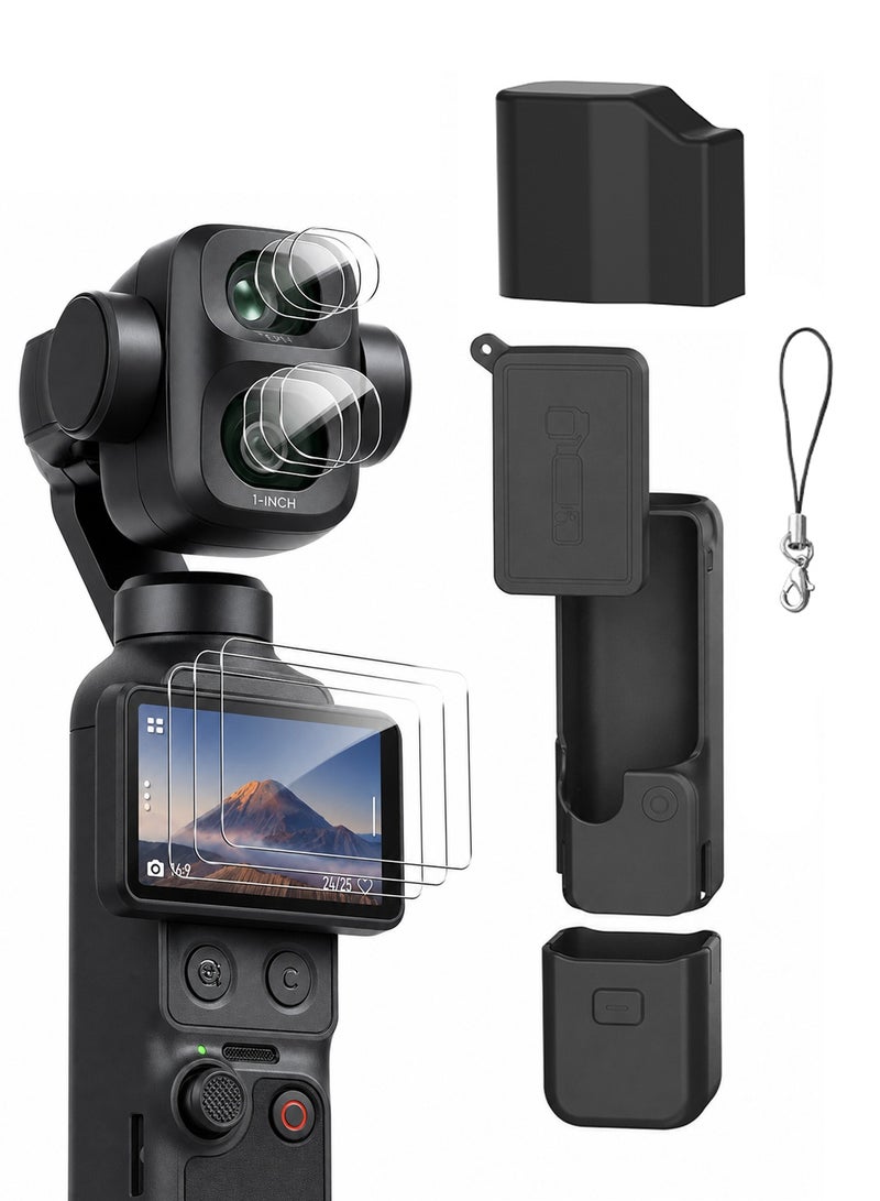 سجيت طقم ملحقات DJI OSMO Pocket 4P Pocket 4 Pro، غطاء حماية من السيليكون، واقي شاشة من الزجاج المقسى، واقي للعدسة (أسود) - Image 1
