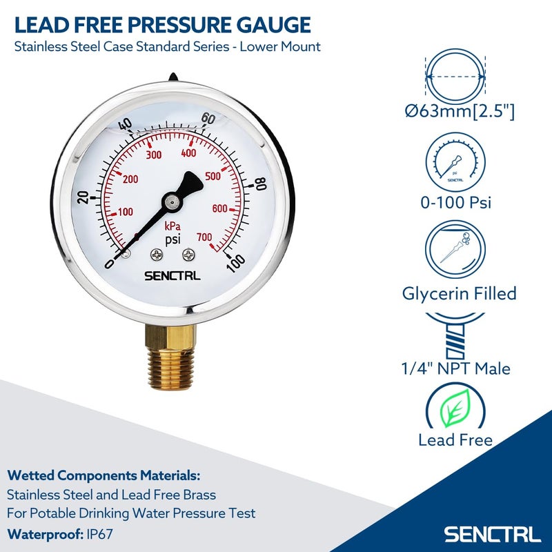 senctrl 100 Psi Lead-Free Glycerin Liquid Filled Low Pressure Gauge, 2.5" Dial Size, 1/4" NPT Lower Mount, Stainless Steel Case, for Home Potable Water Pump, Air, Well, RV Hose, Pressure Test - Image 2