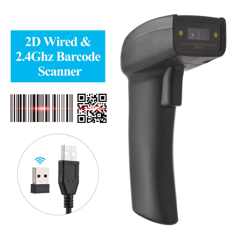 مسح رمز الشريط اللاسلكي ثنائي الأبعاد 2.4G / محمول عبر USB سلكي لقراءة رموز الشريط أحادي الأبعاد، مع ناشر يدوي، مقياس CMOS 640*480، يدعم مسح الرموز المطبوعة وعلى الشاشات، متوافق مع أنظمة ويندوز وأندرويد وماك، مناسب للمحلات التجارية والمحلات البيع بالتجزئة - Image 1