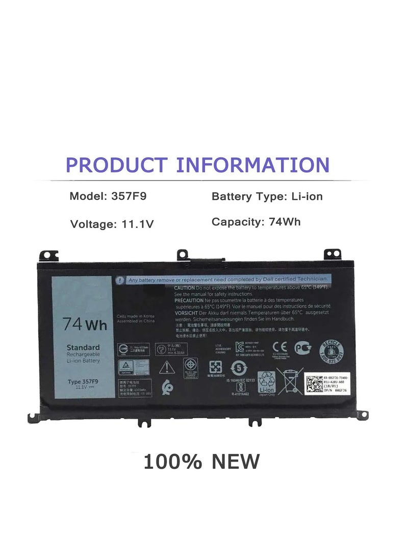 Terabyte 357F9 Laptop Battery Replacement Compatible for Dell 15 7559 7557 5576 5577 7566 7567 7759 INS15PD NS15PD Series 357F9, 0GFJ6, 71JF4, 0357F9, 00GFJ6, 071JF4, P57F, P57F003, P65F, 11.1V 74Wh - Image 2