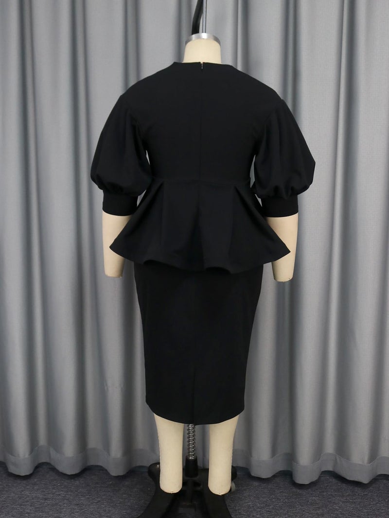 AOMEI Business Suit Sets for Women 2 Piece Outfits Floral Applique Peplum Tops Pencil Midi Skirt Set Formal Church Suits(Black,1XL) - Image 3