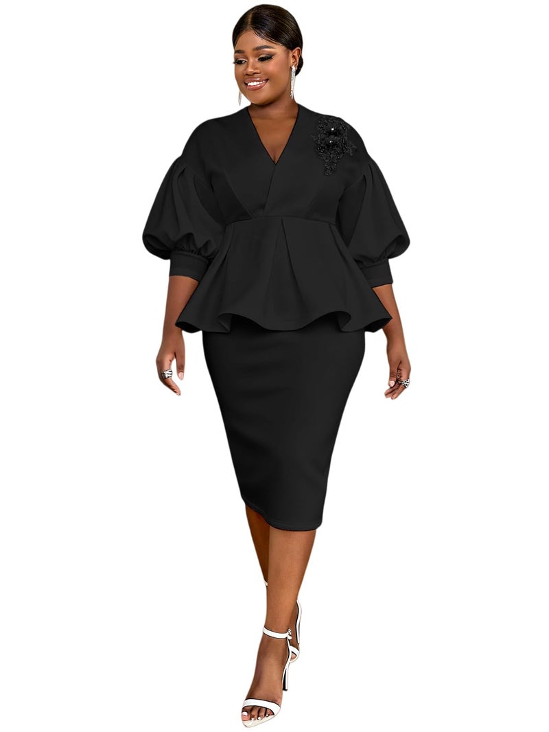 AOMEI Business Suit Sets for Women 2 Piece Outfits Floral Applique Peplum Tops Pencil Midi Skirt Set Formal Church Suits(Black,1XL) - Image 1