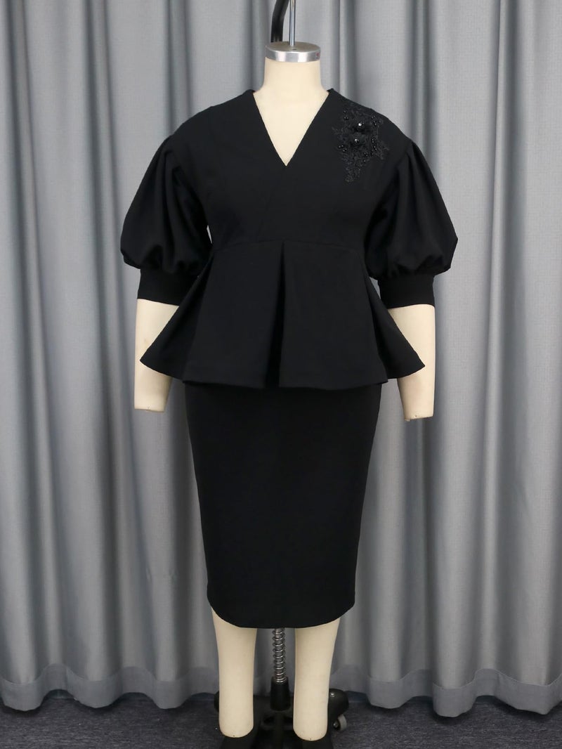 AOMEI Business Suit Sets for Women 2 Piece Outfits Floral Applique Peplum Tops Pencil Midi Skirt Set Formal Church Suits(Black,1XL) - Image 2