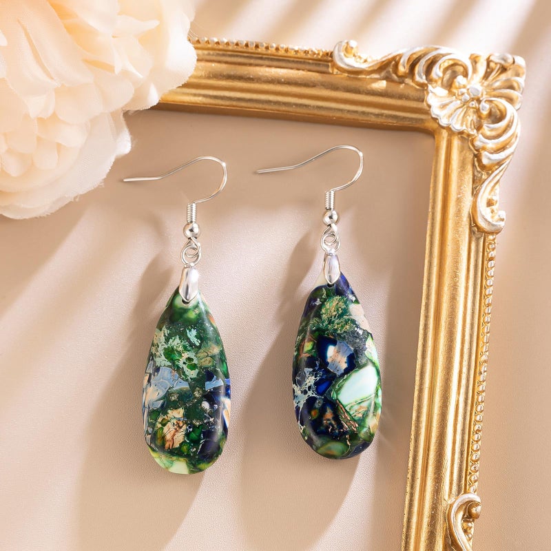 HAISWET Stone Drop Earrings Blue Green Teardrop Dangle Drop Earrings White Gold Tone - Image 2