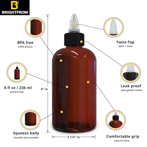 BRIGHTFROM Twist Top Applicator Bottles, 8 OZ Amber, Squeeze Empty Round Plastic Bottles, BPA-Free, PET, Refillable, Open/Close Nozzle (Black) - Multi Purpose (Pack of 2) - Image 3