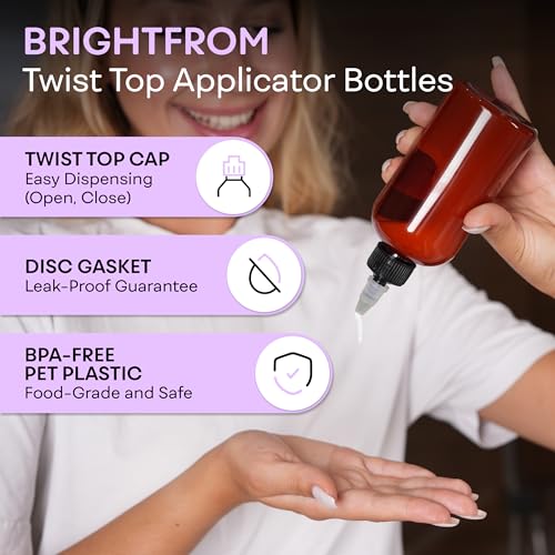 BRIGHTFROM Twist Top Applicator Bottles, 8 OZ Amber, Squeeze Empty Round Plastic Bottles, BPA-Free, PET, Refillable, Open/Close Nozzle (Black) - Multi Purpose (Pack of 2) - Image 2
