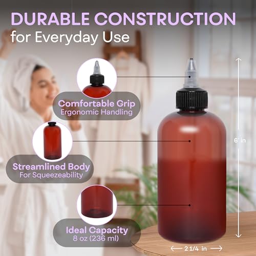 BRIGHTFROM Twist Top Applicator Bottles, 8 OZ Amber, Squeeze Empty Round Plastic Bottles, BPA-Free, PET, Refillable, Open/Close Nozzle (Black) - Multi Purpose (Pack of 2) - Image 4