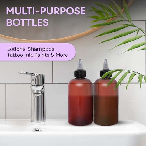 BRIGHTFROM Twist Top Applicator Bottles, 8 OZ Amber, Squeeze Empty Round Plastic Bottles, BPA-Free, PET, Refillable, Open/Close Nozzle (Black) - Multi Purpose (Pack of 2) - Image 5