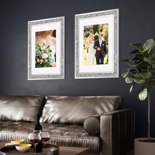 ALLARTONLY Big Mirror Photo Frame 16x20inch Mat To 11x14inch Crushed Diamond Bling Sparkle Home Decor, 2 Pack Crystal Silver Glass Wedding Picture Poster Wall Frame. - Image 5