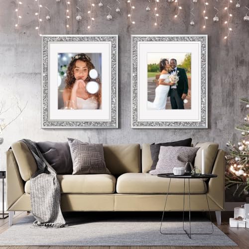ALLARTONLY Big Mirror Photo Frame 16x20inch Mat To 11x14inch Crushed Diamond Bling Sparkle Home Decor, 2 Pack Crystal Silver Glass Wedding Picture Poster Wall Frame. - Image 4