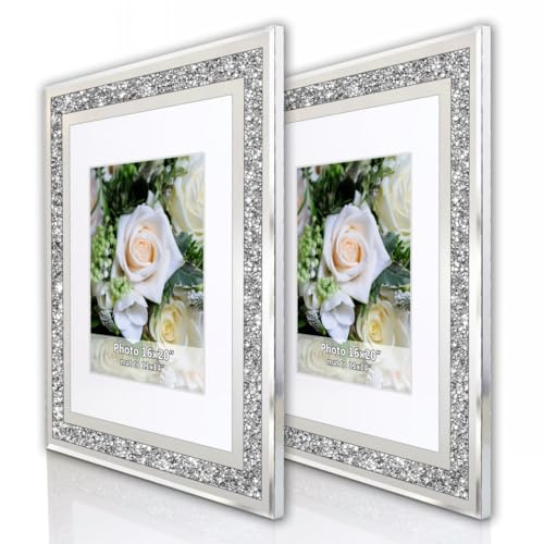 ALLARTONLY Big Mirror Photo Frame 16x20inch Mat To 11x14inch Crushed Diamond Bling Sparkle Home Decor, 2 Pack Crystal Silver Glass Wedding Picture Poster Wall Frame. - Image 2