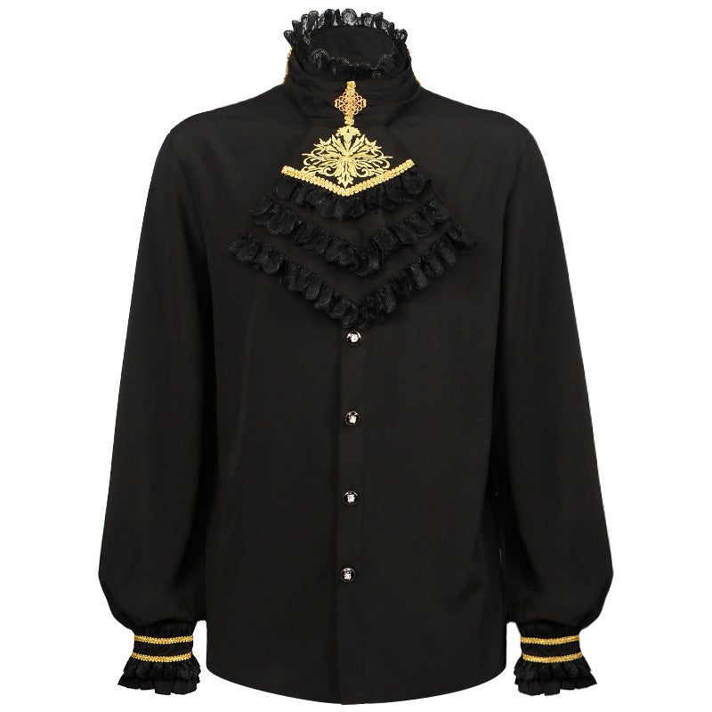 2025 Spring and Autumn New Clothing Medieval Gothic Mens Shirt Womens Long-sleeved Solid Color Top Foreign Trade Clothing Medieval black shirt - Image 4