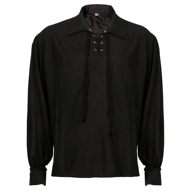 2025 Spring and Autumn New Clothing Medieval Gothic Mens Shirt Womens Long-sleeved Solid Color Top Foreign Trade Clothing Medieval black shirt - Image 1