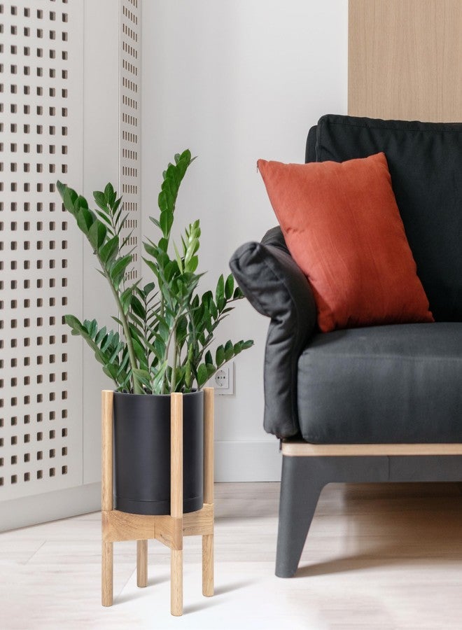 D'vine Dev Planter Pot with Stand - 8 Inch Plastic Cylinder Flower Pot with Wood Planter Holder for Indoor, Matte Black Pot + Natural Stand, 55-C-J-2 - Image 2