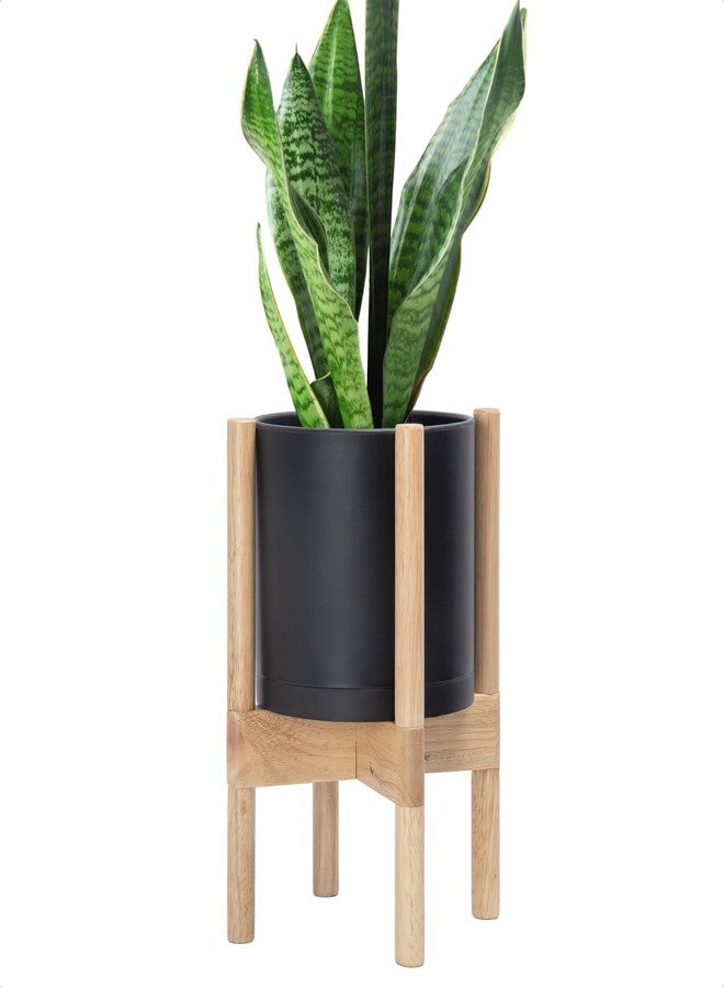 D'vine Dev Planter Pot with Stand - 8 Inch Plastic Cylinder Flower Pot with Wood Planter Holder for Indoor, Matte Black Pot + Natural Stand, 55-C-J-2 - Image 1