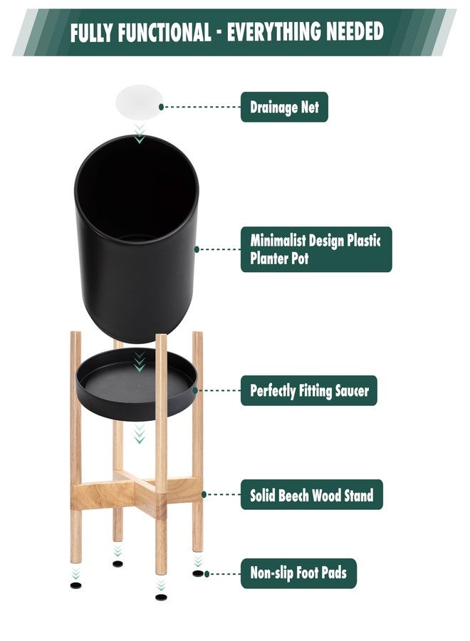 D'vine Dev Planter Pot with Stand - 8 Inch Plastic Cylinder Flower Pot with Wood Planter Holder for Indoor, Matte Black Pot + Natural Stand, 55-C-J-2 - Image 5