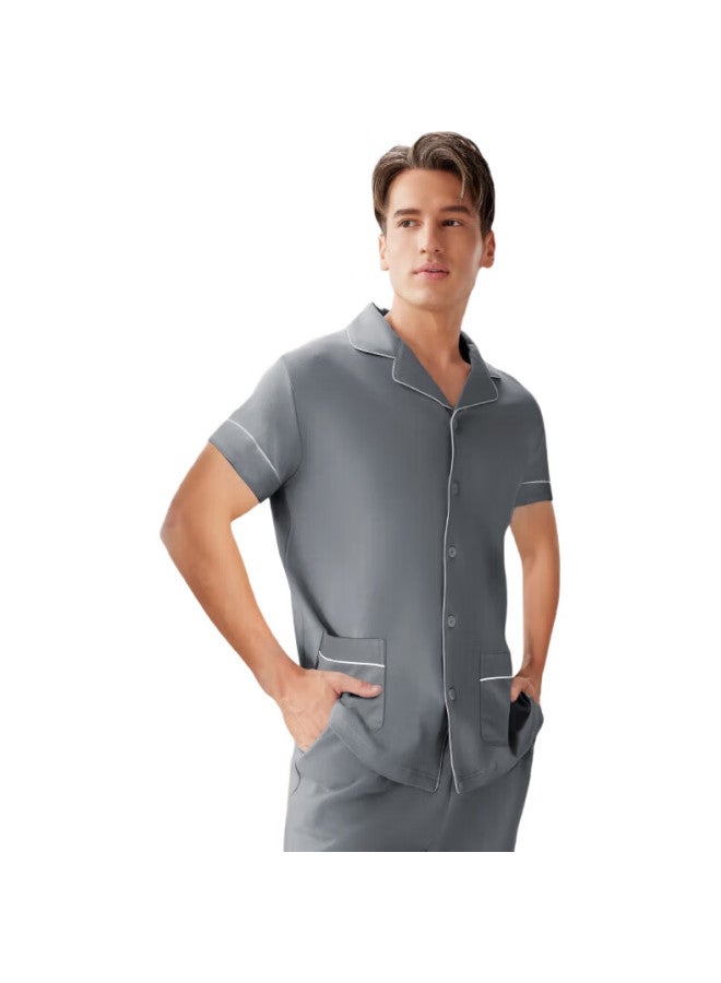 Septwolves Men'S Pajama Set, Valentine'S Day Gift For Boyfriend, Pure Cotton Short-Sleeve Top And Long Pants, Middle-Aged And Young Men'S Cardigan Sleepwear Set - Image 2
