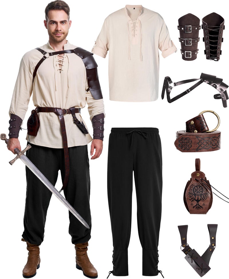 Vanderdyken 8 Pcs Men's Renaissance Costume Halloween Medieval Pirate Shirt Pant Viking Costume Accessories Set (Classic Color, Large) - Image 1