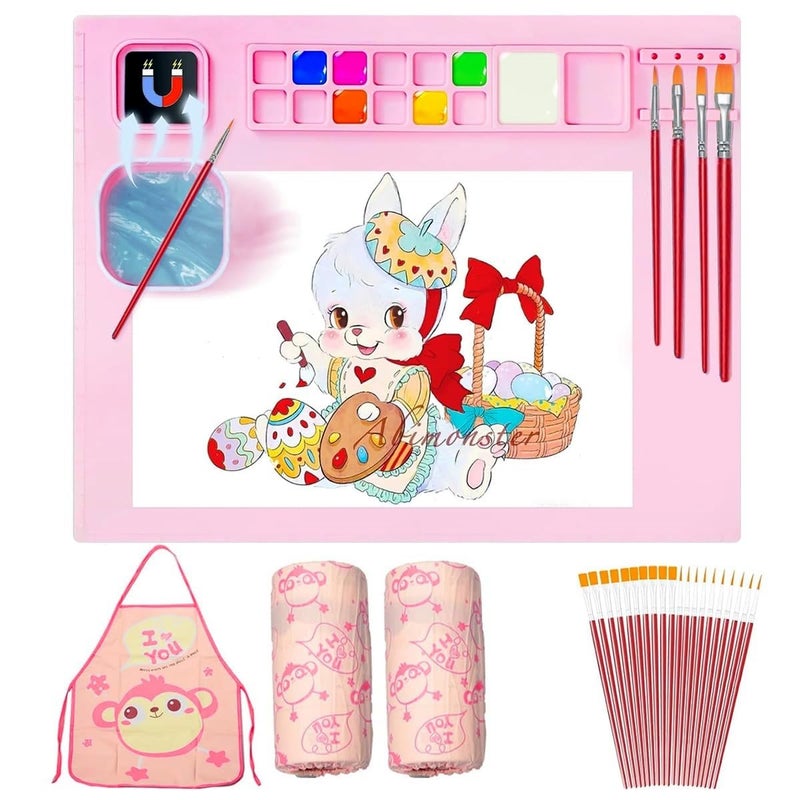 HASTHIP® Silicone Painting Station Kit - 40*50cm Painting Mat Non-Stick - Multipurpose Station for Kids,with Apron,Oversleeve Brushes Paint Mat Art Supplies for & DIY Creation - Image 1