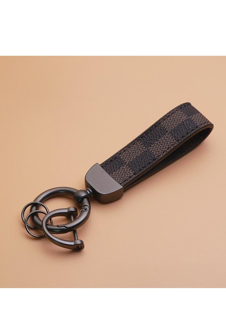Brown Plaid PU Leather Car Keychain – Metal Zinc Alloy 360° Rotating Ring, Universal Wrist Strap Key Holder for Car/Home/Bag, Keychain with Screwdriver – Classic Check Design** - Image 1
