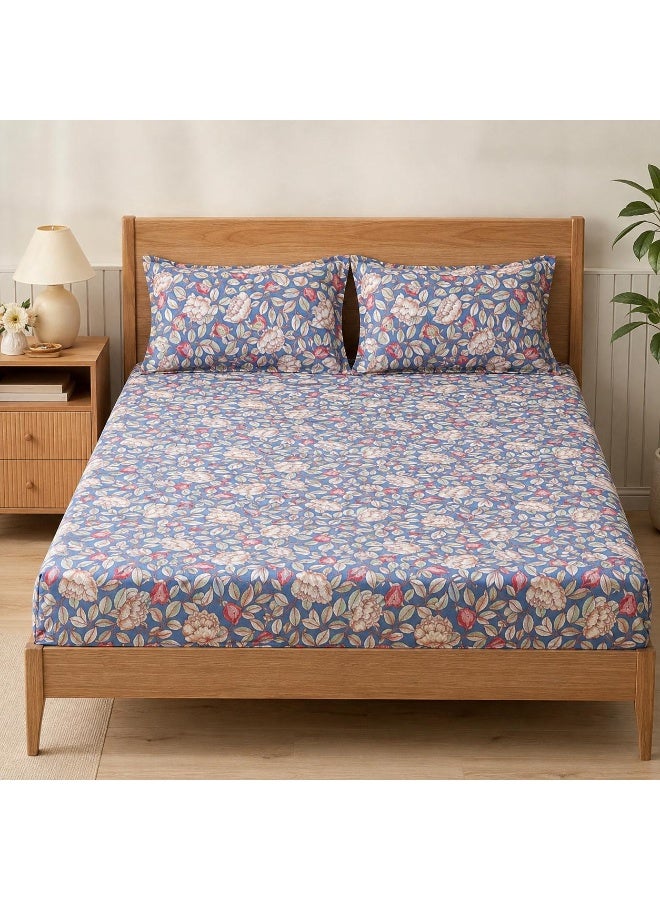3-Piece 150 GSM Microfiber King Size Bed Sheet Set - Vintage Peony Floral Print on Blue, Includes 1 Flat Sheet (270x250 CM) & 2 Pillowcases (50x75 CM) - Image 1