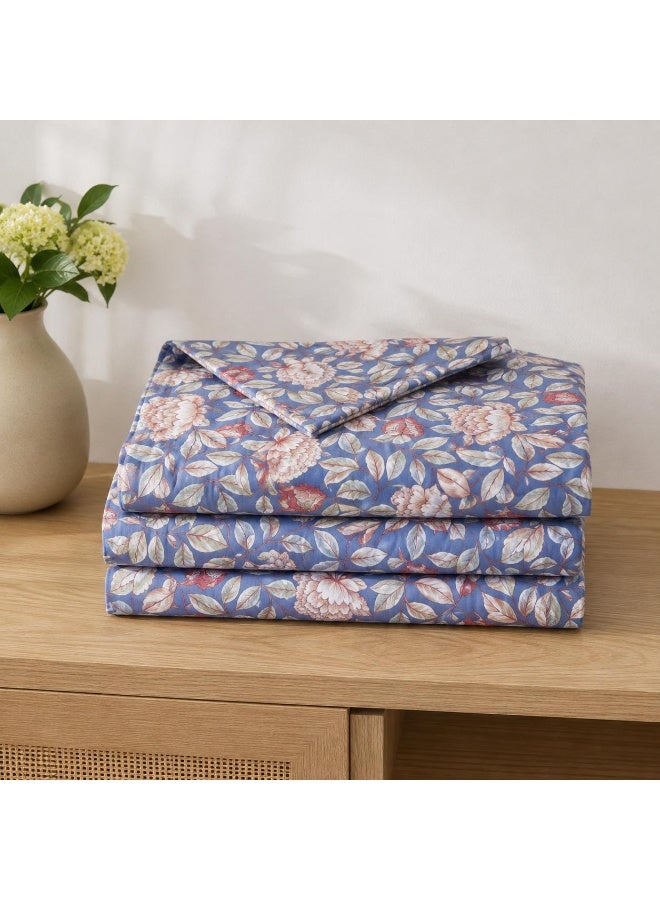 3-Piece 150 GSM Microfiber King Size Bed Sheet Set - Vintage Peony Floral Print on Blue, Includes 1 Flat Sheet (270x250 CM) & 2 Pillowcases (50x75 CM) - Image 2