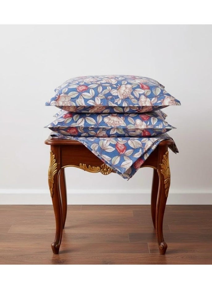 3-Piece 150 GSM Microfiber King Size Bed Sheet Set - Vintage Peony Floral Print on Blue, Includes 1 Flat Sheet (270x250 CM) & 2 Pillowcases (50x75 CM) - Image 3