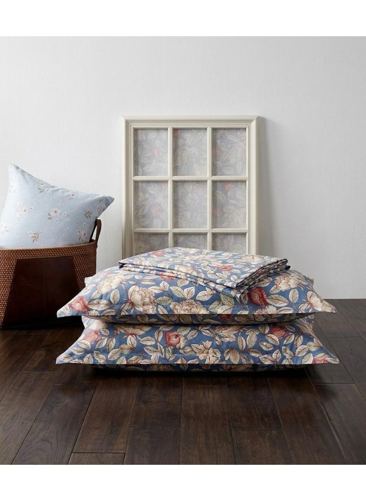 3-Piece 150 GSM Microfiber King Size Bed Sheet Set - Vintage Peony Floral Print on Blue, Includes 1 Flat Sheet (270x250 CM) & 2 Pillowcases (50x75 CM) - Image 4