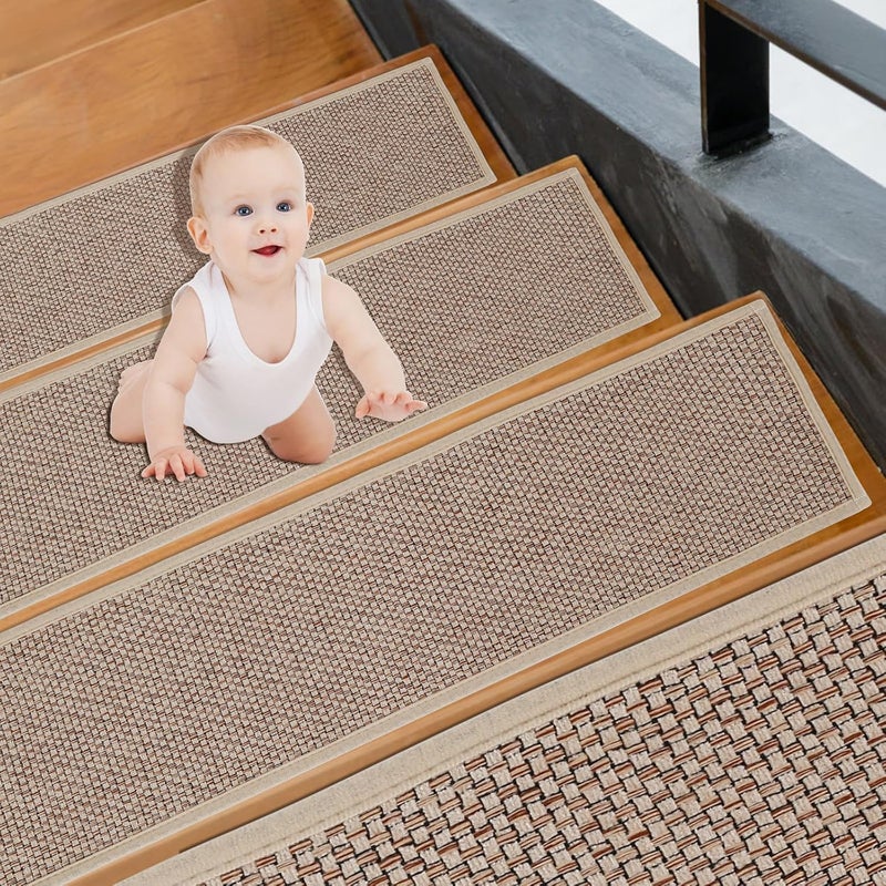 windforgecraft 4Pcs Natural Linen Stair Treads Non-Slip Stair Treads Mats Carpet Stair Treads for Wooden Steps Self-Adhesive Stair Rug Mat Indoor Stair Runner Rug 29.92×7.87inch for Kids Pets Elders - Image 1