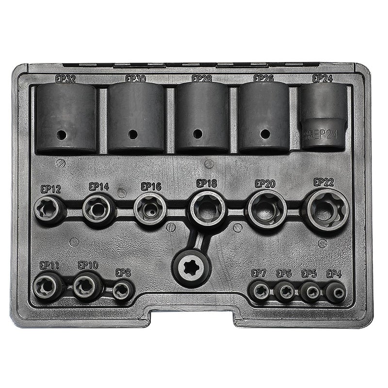 DPTOOL مجموعة مفاتيح توكس بلس الخارجية 6 نقاط EP Socket EP4، EP5، EP6، EP7، EP8، EP10، EP11، EP12، EP14، EP16، EP18، EP20، EP22، EP24، EP26، EP28، EP30، EP32 مع 1/2'' 3/8'' 1/4'' در E-Torx بلس 19 قطعة - Image 2