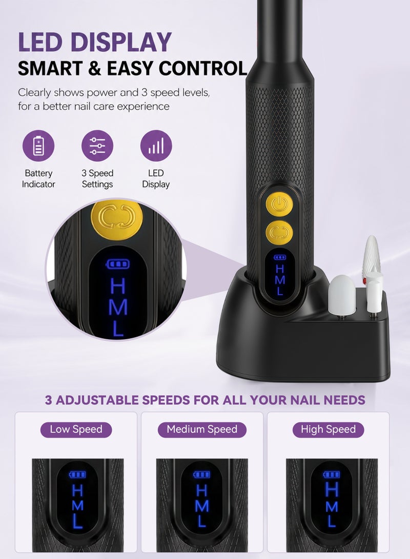 Electric Nail Drill Professional Manicure Pedicure Kit, Cordless Rechargeable Nail File Set, 30000RPM Electric Nail Drill Machine with 3 Speeds, Forward Reverse Rotation, Wireless Charging Base, 12 Drill Bits & 36 Sanding Bands for Acrylic Gel Nails - Image 3