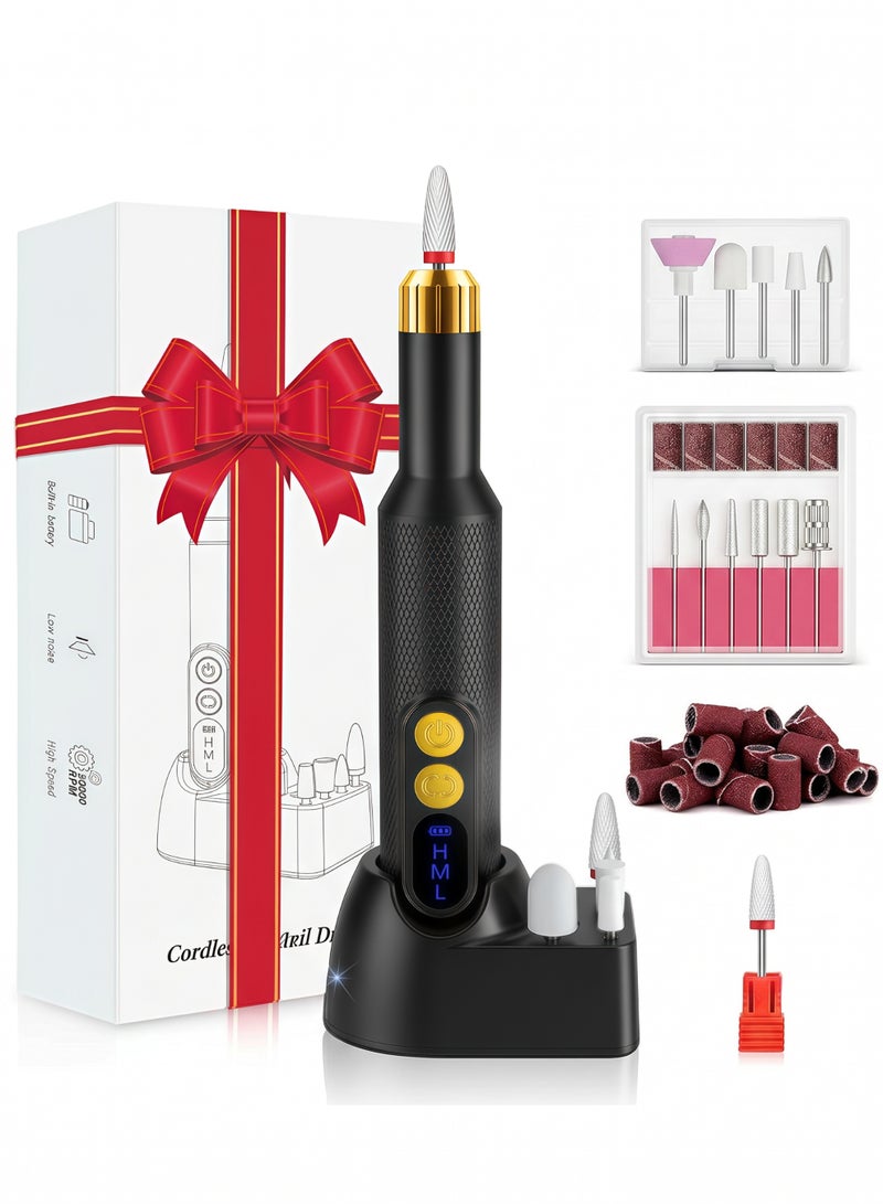 Electric Nail Drill Professional Manicure Pedicure Kit, Cordless Rechargeable Nail File Set, 30000RPM Electric Nail Drill Machine with 3 Speeds, Forward Reverse Rotation, Wireless Charging Base, 12 Drill Bits & 36 Sanding Bands for Acrylic Gel Nails - Image 1