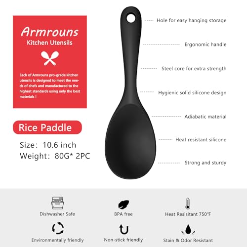 Armrouns Silicone Rice Paddle Spoon 2PCS, Non Stick Heat Resistant Kitchen Works for Rice,Mashed Potato. (Casual Black) - Image 3