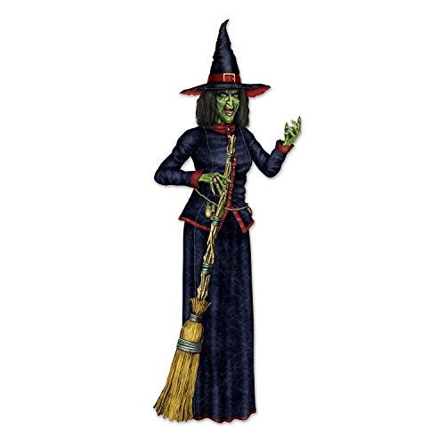 Beistle Jointed Witch Decoration Poseable Halloween Cutout Cardstock Paper Wall Decoration Spooky Green Witch Holding Broom for Haunted Houses Parties and Seasonal Displays 6 2 - Image 1