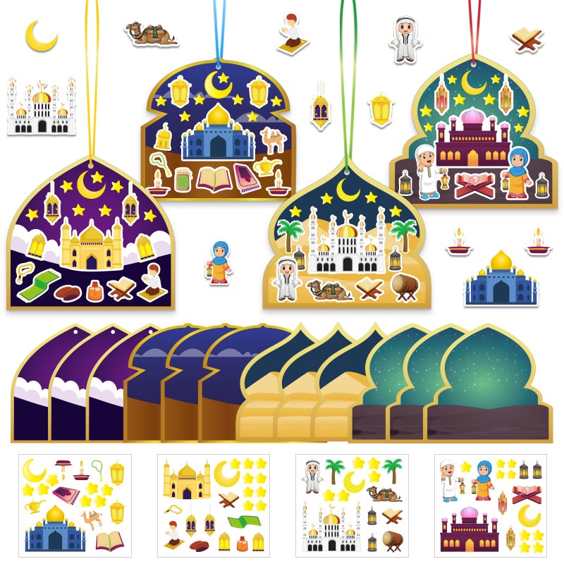 Capstro Ramadan DIY Scene Sticker Craft Set for Kids – 36 Piece Eid Activity Kit with Mosque Background Cards, Decorative Stickers & Hanging Ribbons for Creative Play – Festival Stickers - Image 1