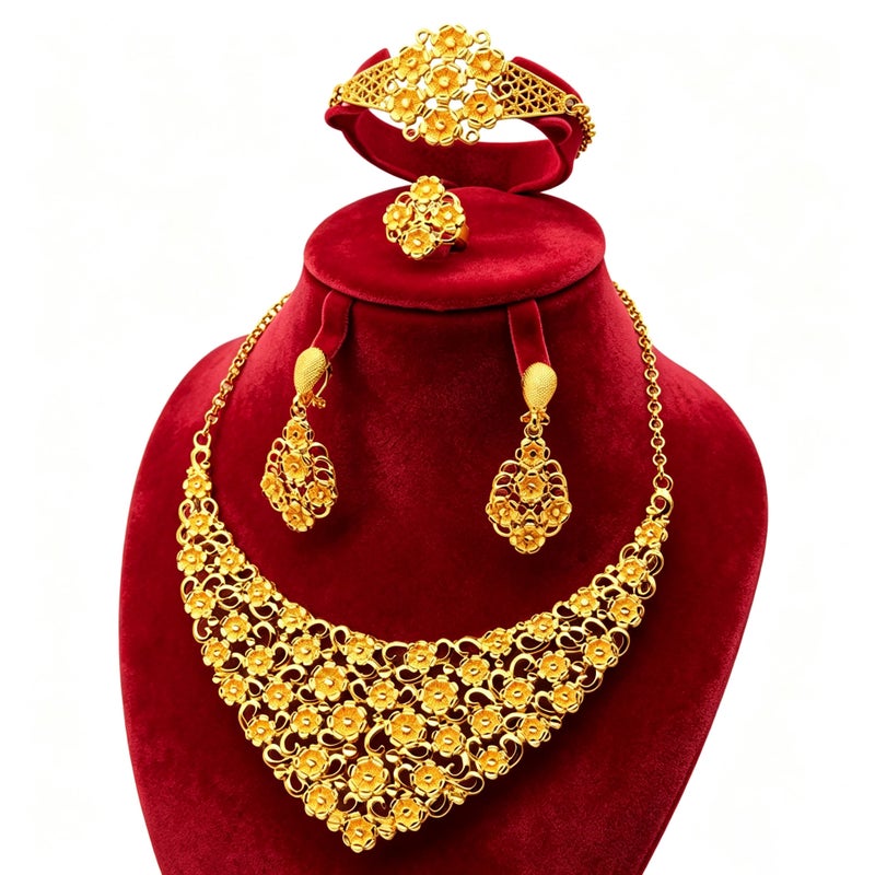 Saudi Ethnic Style 24K Gold Plated Women's Jewellery Set - Necklace, Bracelet, Earrings, Ring - Image 2