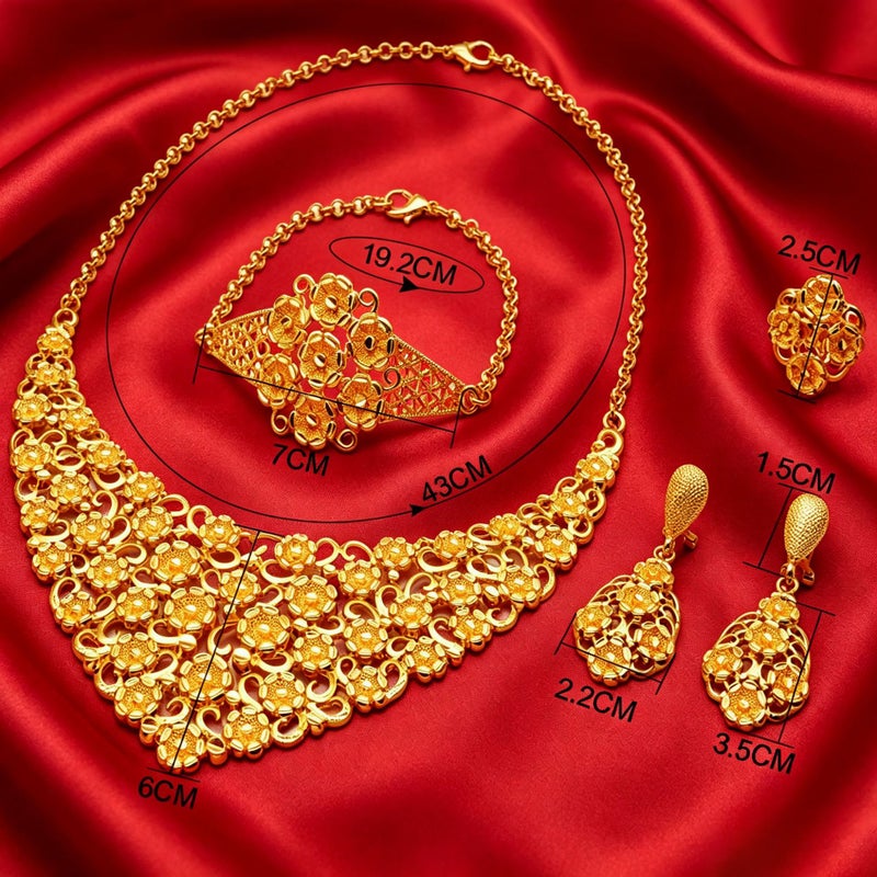 Saudi Ethnic Style 24K Gold Plated Women's Jewellery Set - Necklace, Bracelet, Earrings, Ring - Image 4