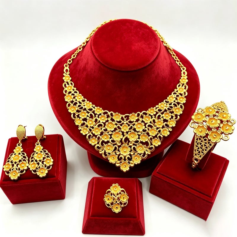 Saudi Ethnic Style 24K Gold Plated Women's Jewellery Set - Necklace, Bracelet, Earrings, Ring - Image 1