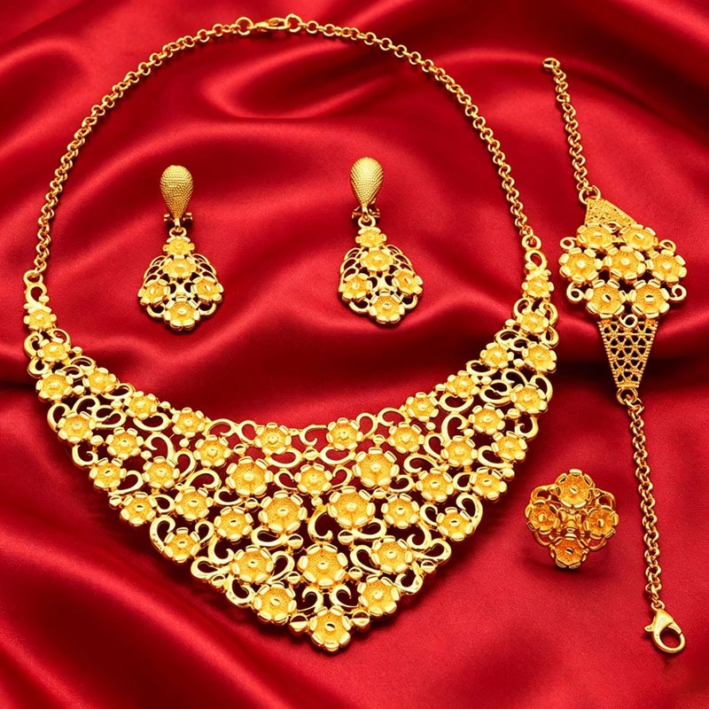 Saudi Ethnic Style 24K Gold Plated Women's Jewellery Set - Necklace, Bracelet, Earrings, Ring - Image 3