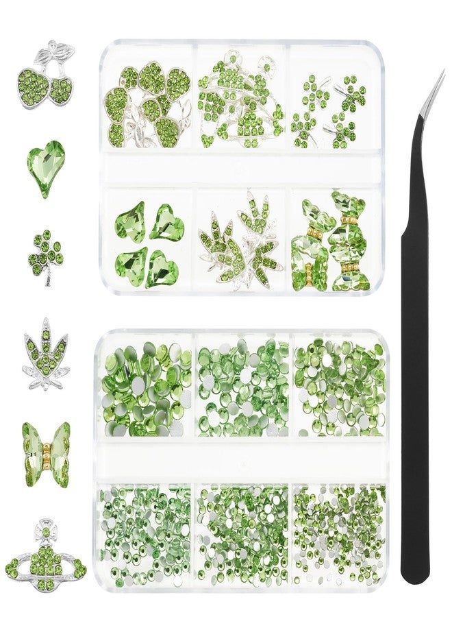QIUTIMIY 30 PCs 3D Luxury Nail Art Charms + 650 PCs Rhinestones and Tweezers Kit Crystals Diamonds Jewelry Stones(Light Green) - Image 1