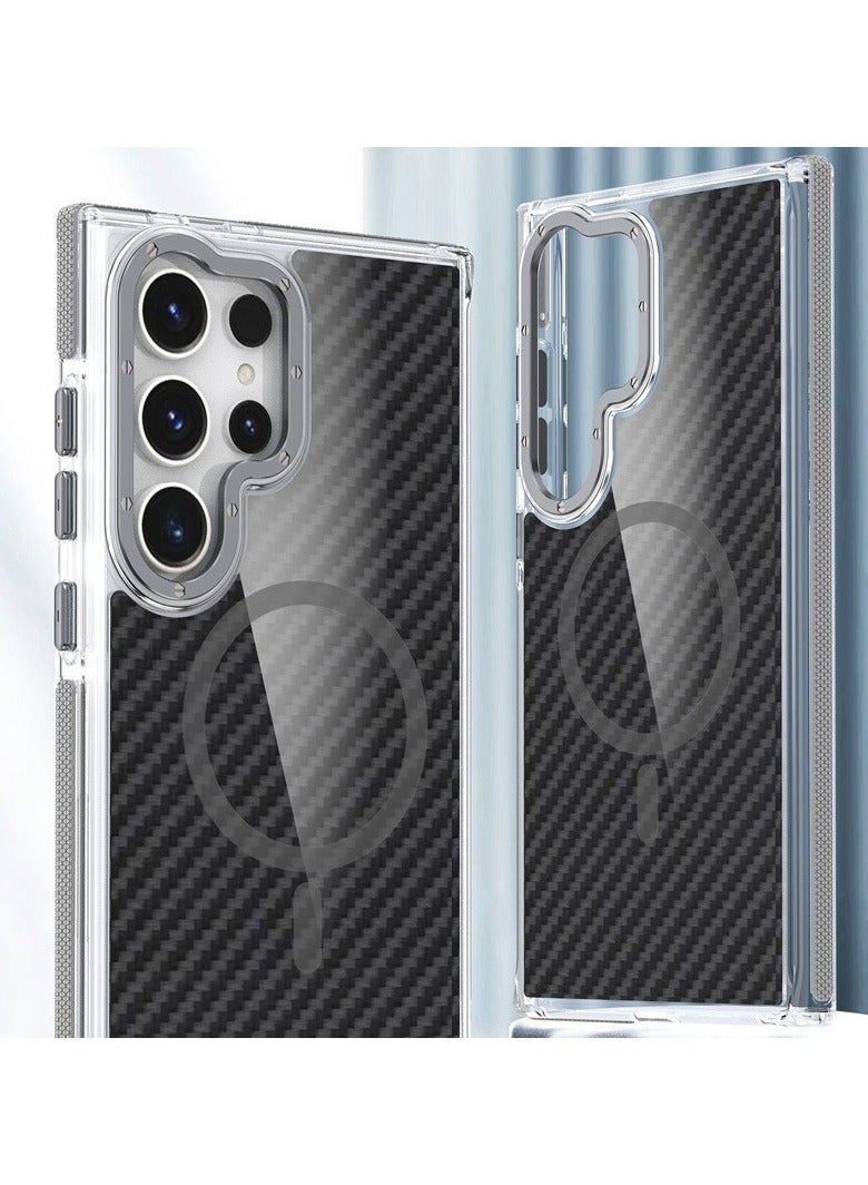 For Samsung S25 Ultra Magnetic Phone Case Carbon Fiber Pattern Shockproof Full-Cover Protective Case MagSafe Compatible