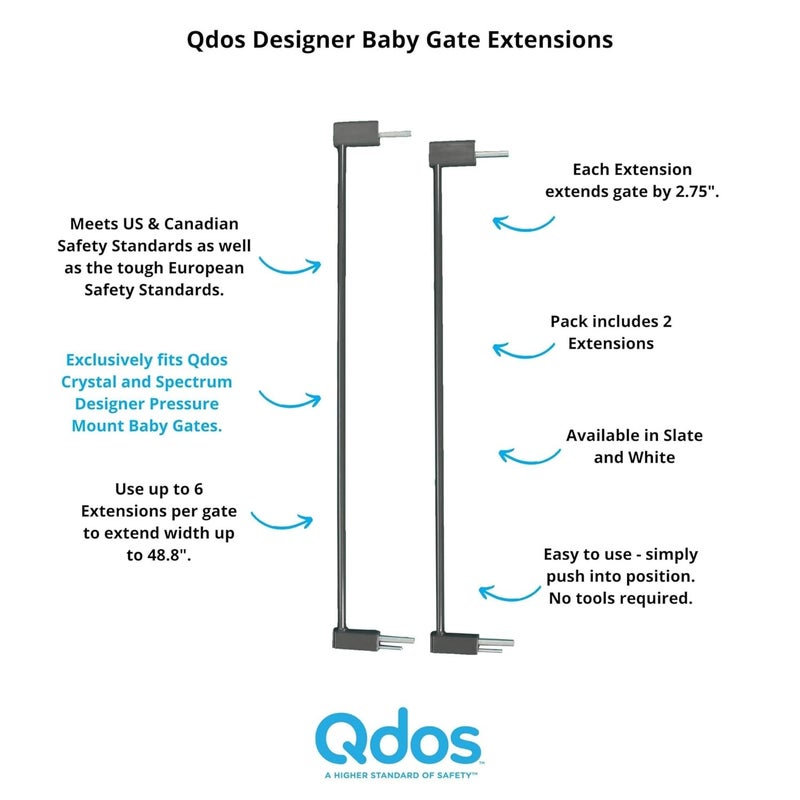QDOS Safety Designer Gate Extensions for Crystal and Spectrum Pressure Mount Baby Gates | Slate | Allows for use in wider door openings - Each Extension adds 2.75" to the gate - Includes 2 Extensions - Image 2