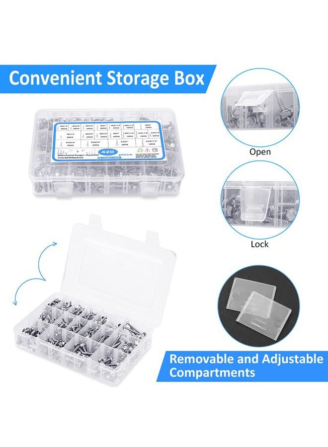 CGBOOM Self Drilling Screw Assortment Kit,CGBOOM 410 Stainless Steel Self Tapping Sheet Metal Tek Screws,420 PCS Phillips Head& Hex Washer Head - Image 5